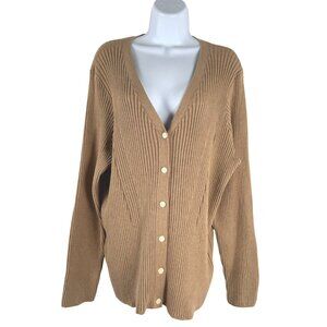 Lands' End‎ Cardigan Sweater Womens 2X Tan Ribbed Cotton Nylon V-Neck CJ-2178